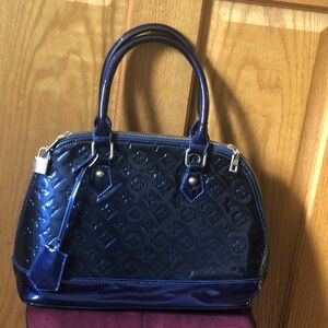 Designer-Style Patent 3 Piece Leather Satchel Handbag in Deep Blue